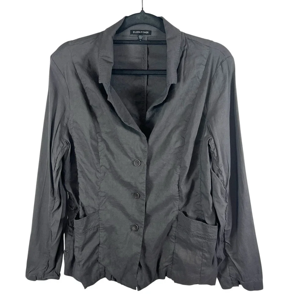 Eileen Fisher Gray Linen Blend Button Front‎ Blazer Jacket Italian Fabric 16